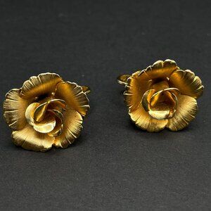 Vintage Lisner Gold Tone Rose Clip On Earrings Signed Textured Petals Cabbage